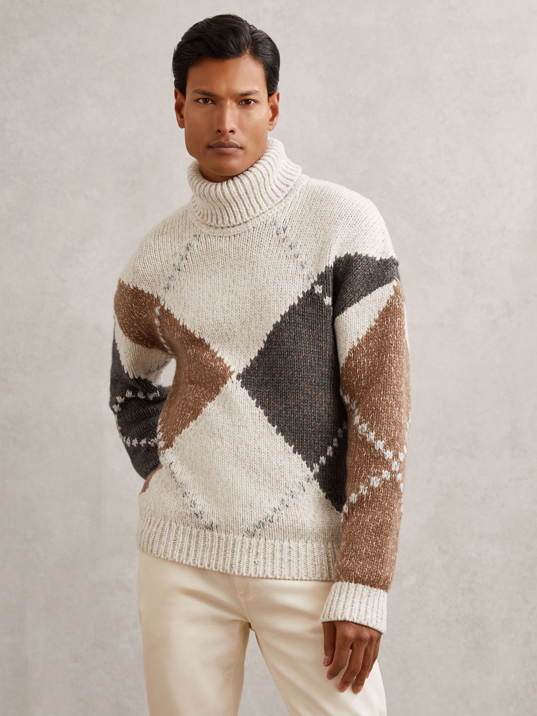 Buy Reiss Camel Brown Multi Kennedy Wool-Blend Roll-Neck Argyle