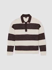 Marrón chocolate/Blanco roto - Reiss Horice Waffle-Knit Stripe Half-Button Jumper with Wool - Imagen 2 de 7