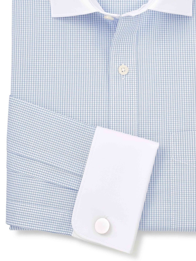 Savile Row Company Classic Fit Blue Window Check Cotton Winchester Double Cuff Formal Shirt - Image 5 of 5