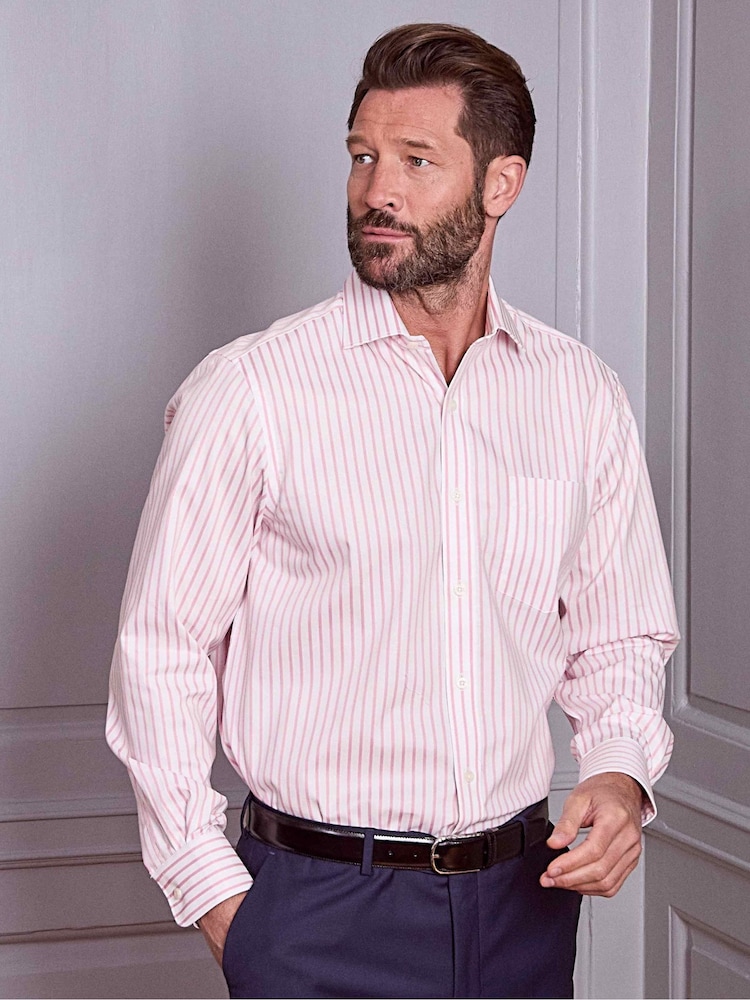 Savile Row Company Blue Single Cuff Striped Classic Fit Cotton Poplin Formal Shirt - Image 2 of 5