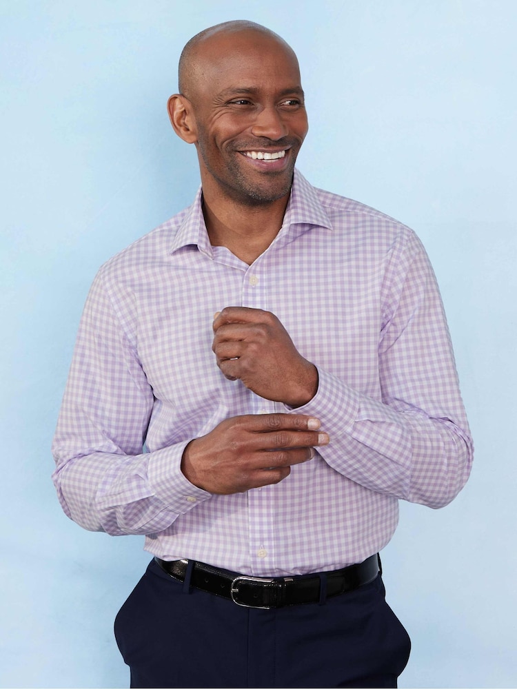 Savile Row Company Slim Fit Purple Gingham Check Cotton Single Cuff Formal Shirt - Image 1 of 5