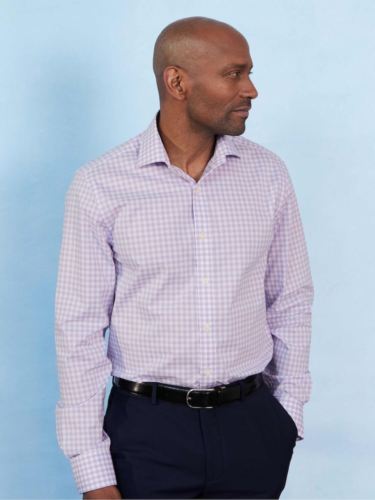 Savile Row Company Slim Fit Purple Gingham Check Cotton Single Cuff Formal Shirt - Image 2 of 5