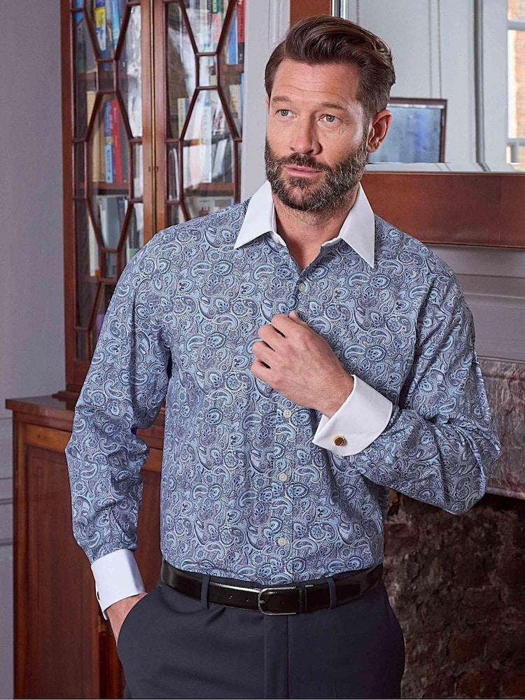 Savile Row Company Blue Double Cuff Paisley Print Classic Fit Cotton Winchester Formal Shirt - Image 1 of 5