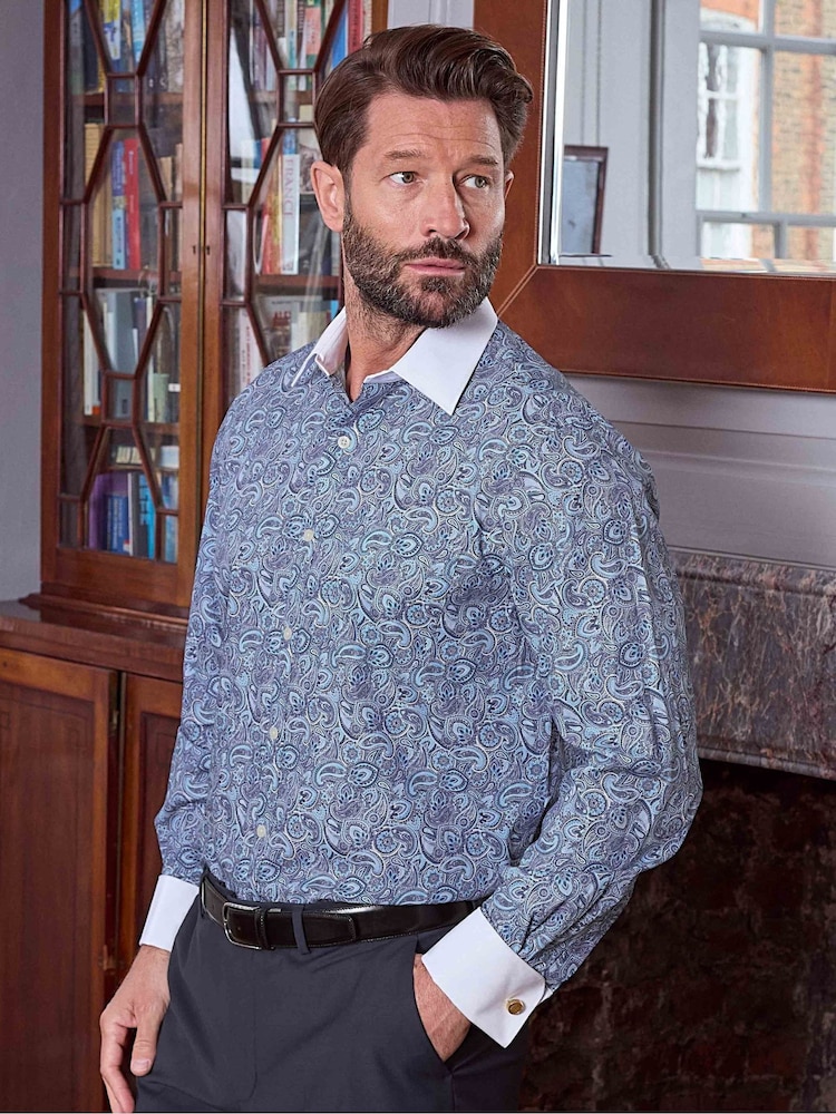 Savile Row Company Blue Double Cuff Paisley Print Classic Fit Cotton Winchester Formal Shirt - Image 2 of 5