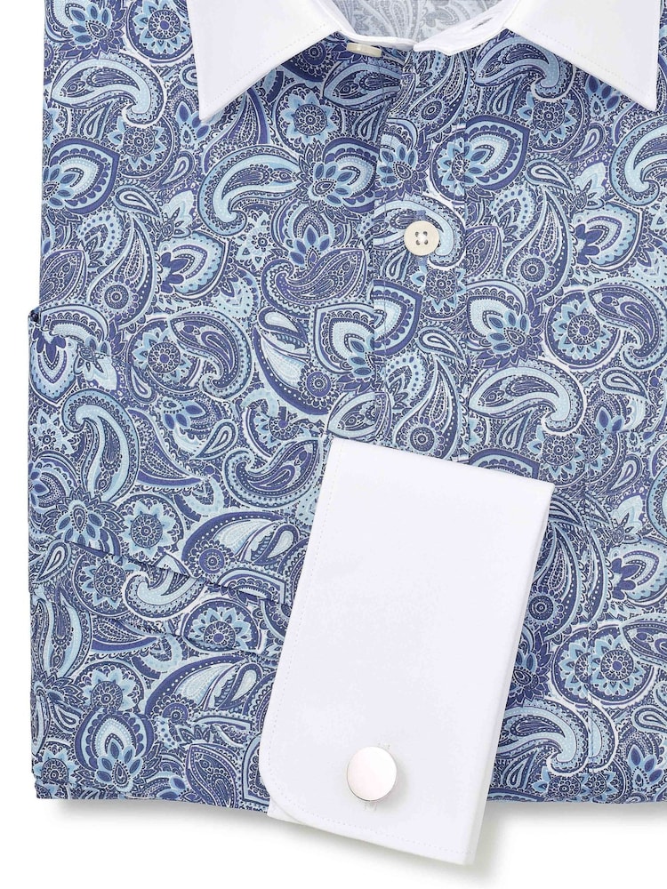Savile Row Company Blue Double Cuff Paisley Print Classic Fit Cotton Winchester Formal Shirt - Image 5 of 5