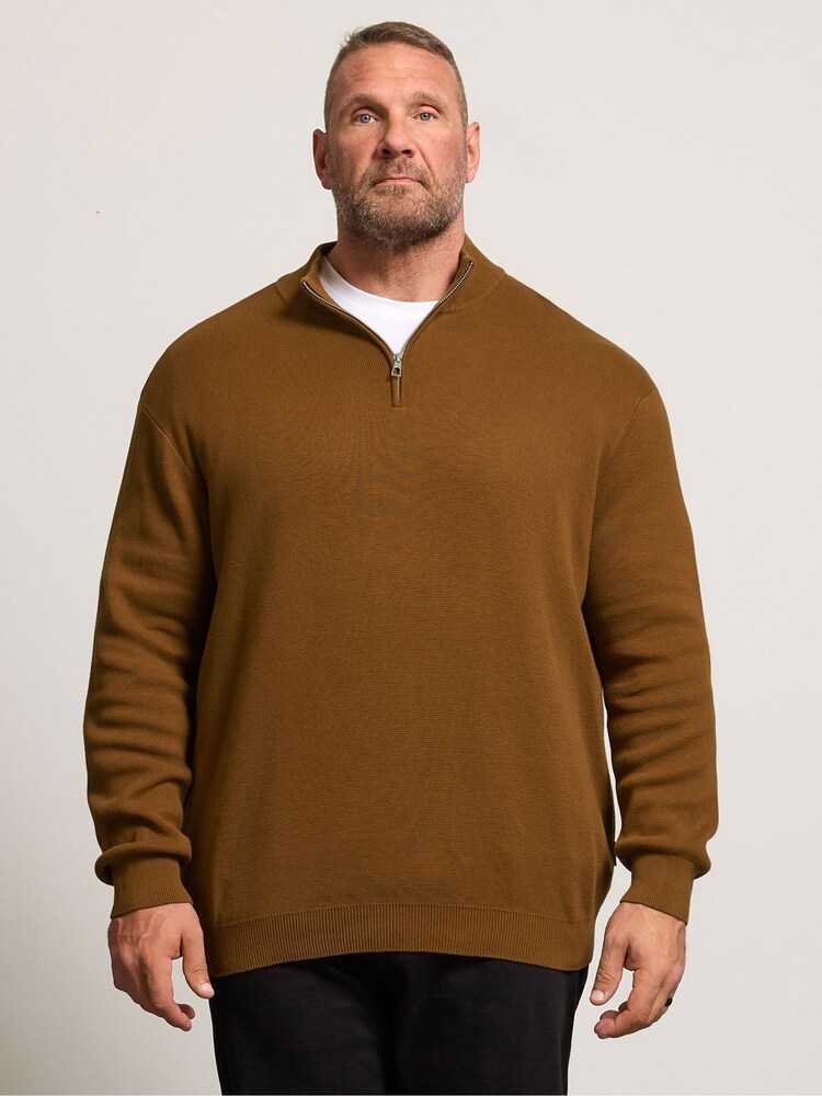 BadRhino Big & Tall Brown Milano Quarter Zip Knitted Jumper - Image 1 of 6 BadRhino Big & Tall Brown Milano Quarter Zip Knitted Jumper - Image 1 of 6