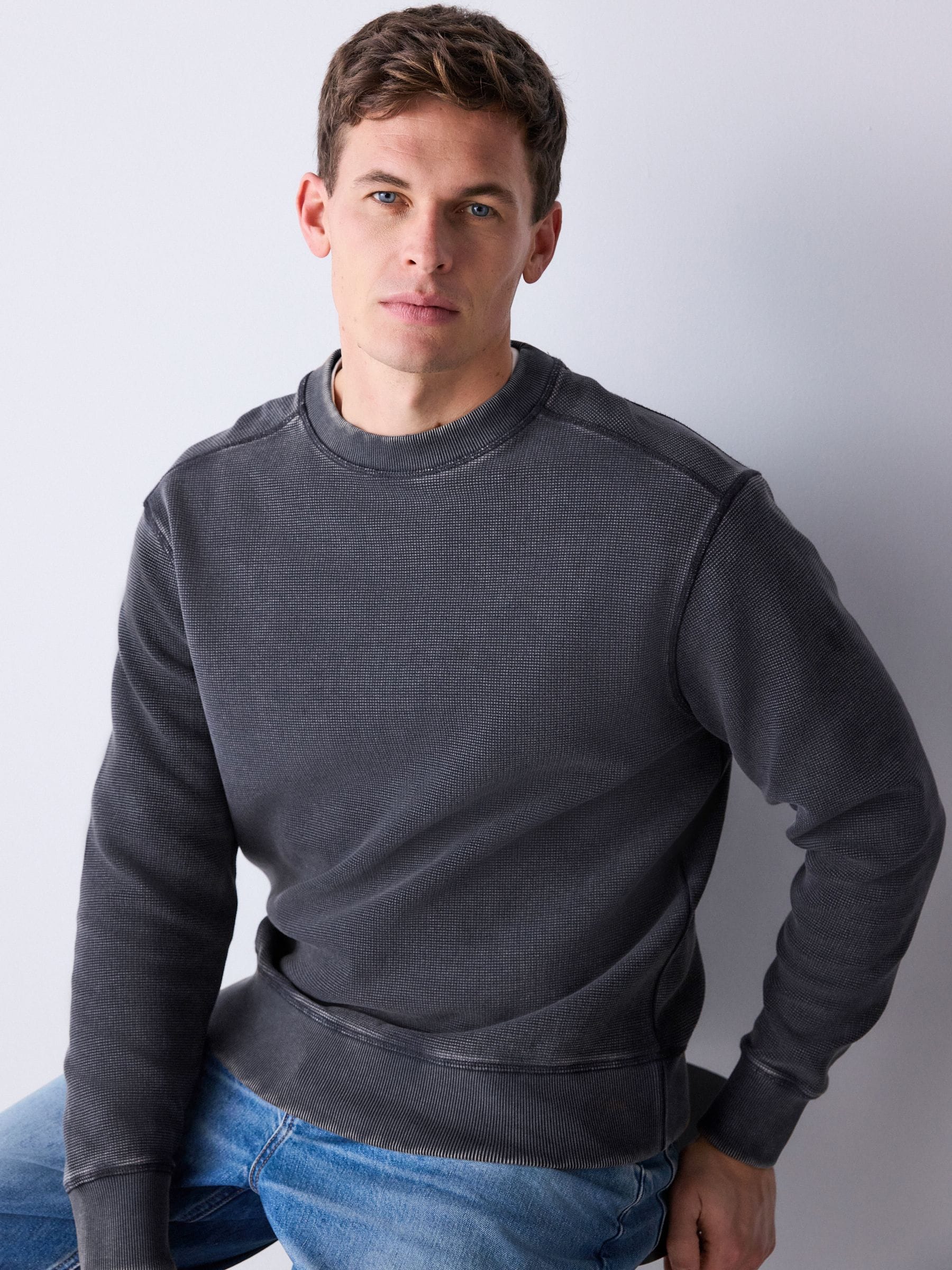 Buy Black Garment Wash Boxy Fit Waffle Textured Crew Neck
