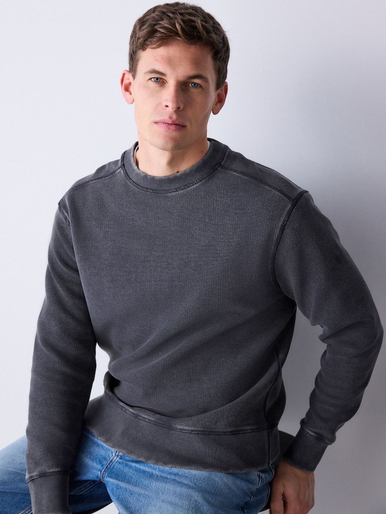Black Garment Wash Boxy Fit Waffle Textured Crew Neck Sweatshirt - Image 1 of 5