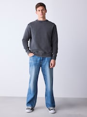 Black Garment Wash Boxy Fit Waffle Textured Crew Neck Sweatshirt - Image 2 of 5