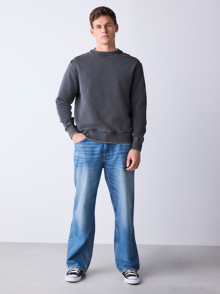 Black Garment Wash Boxy Fit Waffle Textured Crew Neck Sweatshirt - Image 2 of 5