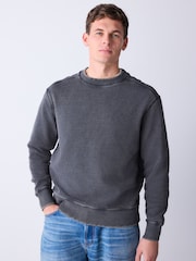Black Garment Wash Boxy Fit Waffle Textured Crew Neck Sweatshirt - Image 4 of 5