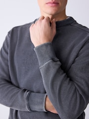 Black Garment Wash Boxy Fit Waffle Textured Crew Neck Sweatshirt - Image 5 of 5