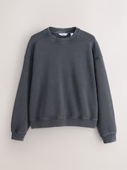 Black Garment Wash Boxy Fit Waffle Textured Crew Neck Sweatshirt - Image 6 of 8