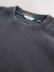 Black Garment Wash Boxy Fit Waffle Textured Crew Neck Sweatshirt - Image 8 of 8