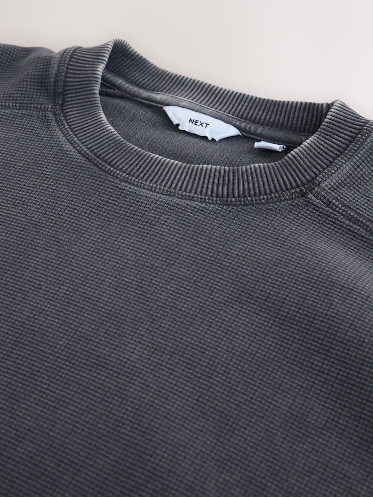 Black Garment Wash Boxy Fit Waffle Textured Crew Neck Sweatshirt - Image 8 of 8