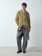 Green Zip Through Garment Wash Wide Fit Cotton Rich Heavyweight Joggers - Image 2 of 5