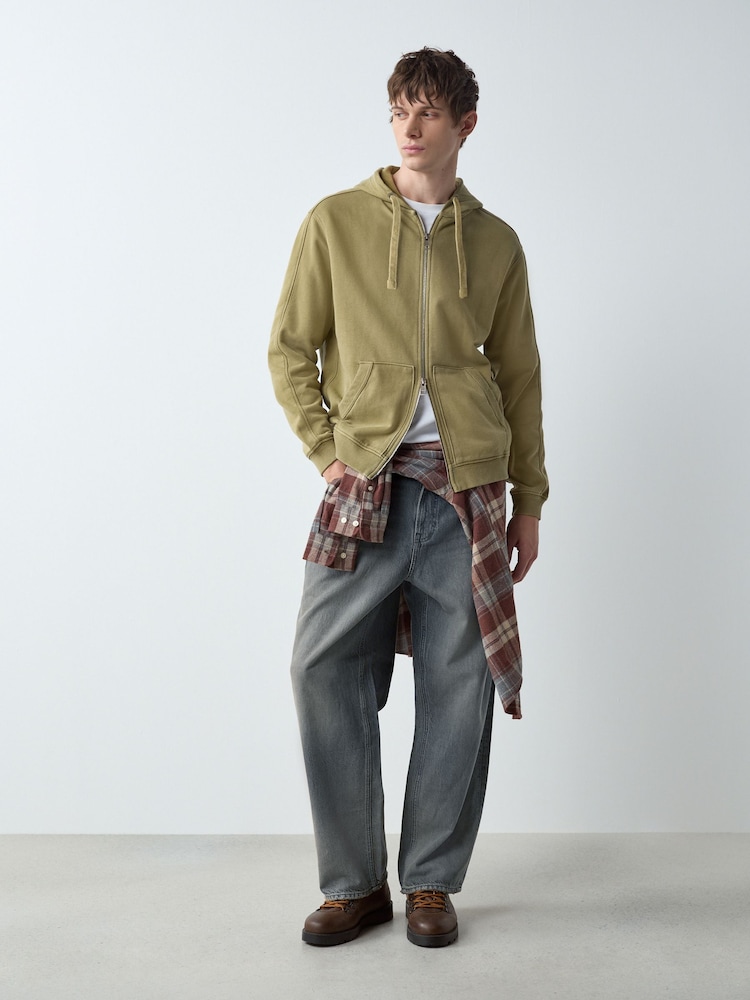 Green Zip Through Garment Wash Wide Fit Cotton Rich Heavyweight Joggers - Image 2 of 5 Green Zip Through Garment Wash Wide Fit Cotton Rich Heavyweight Joggers - Image 2 of 5