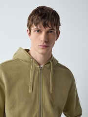 Green Zip Through Garment Wash Wide Fit Cotton Rich Heavyweight Joggers - Image 4 of 5