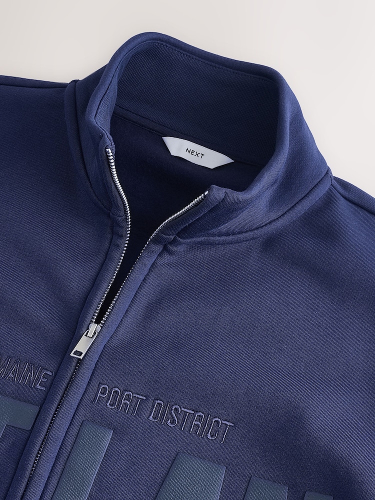 Cobalt Blue Funnel Neck Zip Through with Graphic Print Sweat Top - Image 2 of 3