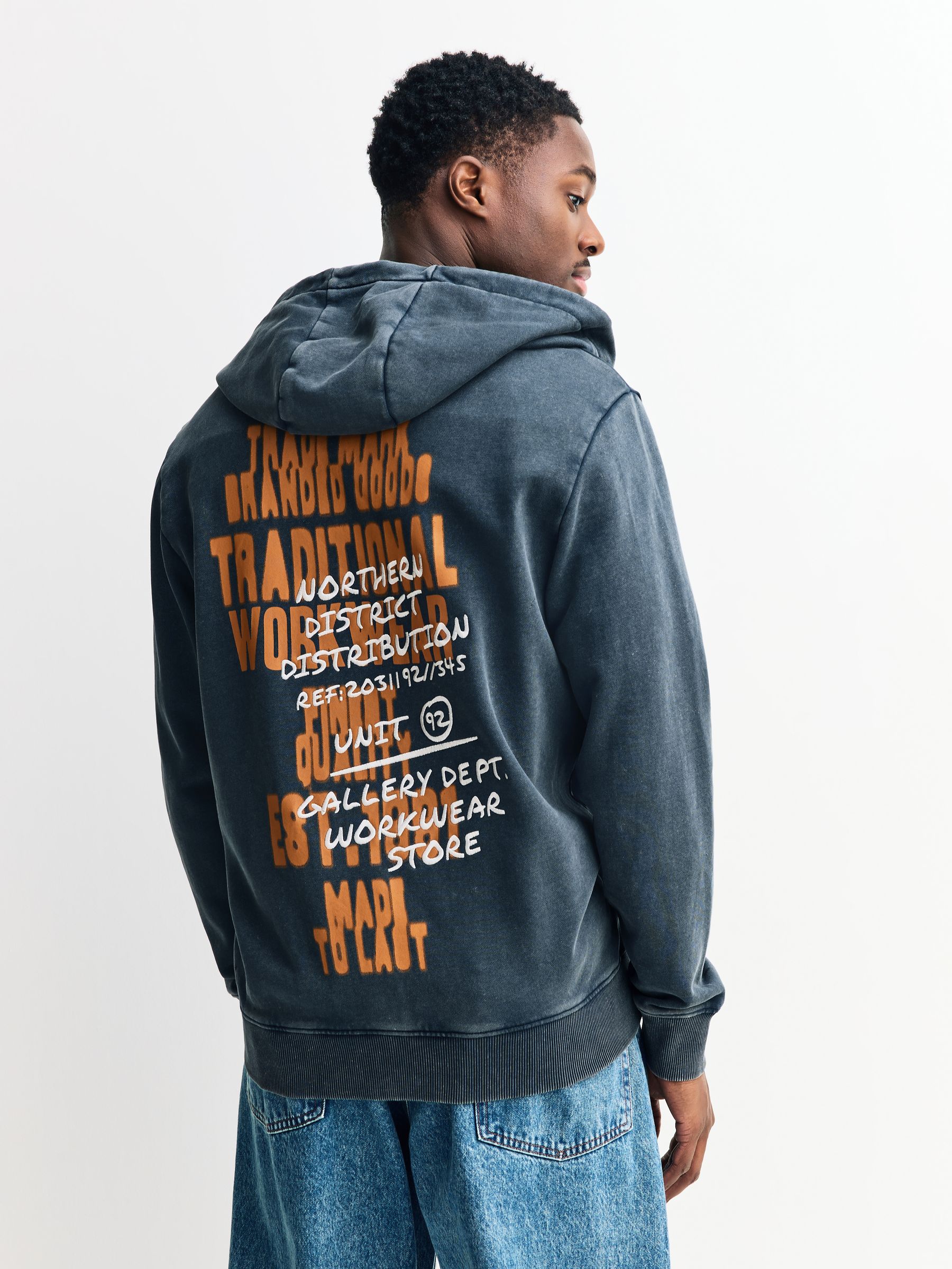 Buy Charcoal Grey Washed Hooded Zip Through with Graphic Print
