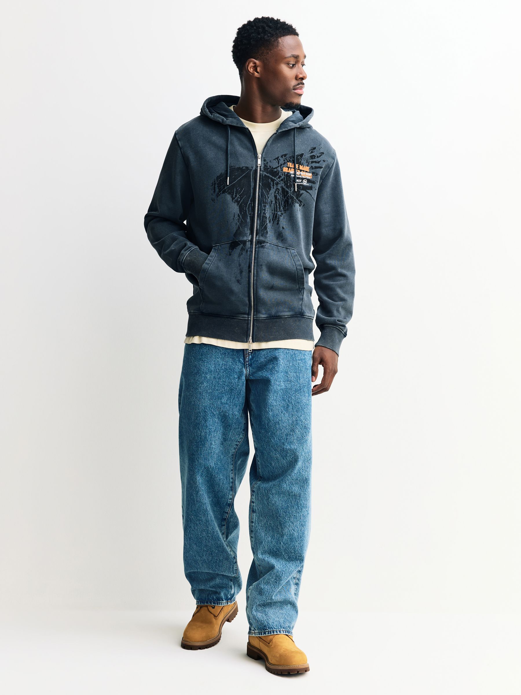 Buy Charcoal Grey Washed Hooded Zip Through with Graphic Print