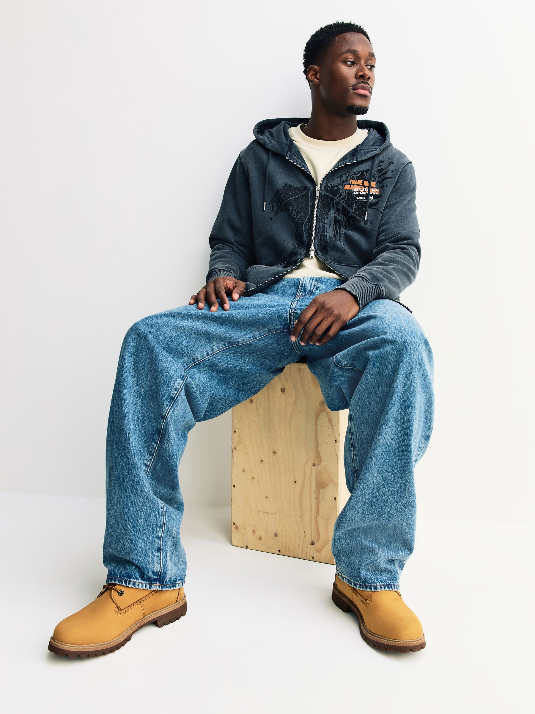 パーカー  -  jeans Buy Charcoal Grey Washed Hooded Zip Through with Graphic Print