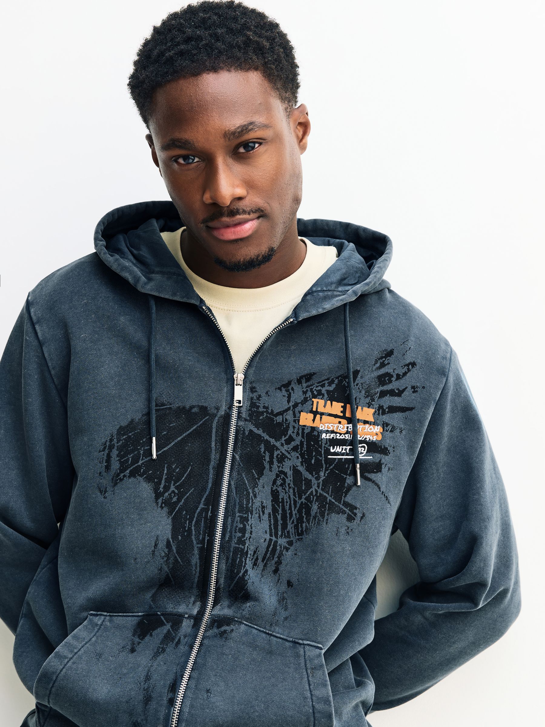 Buy Charcoal Grey Washed Hooded Zip Through with Graphic Print