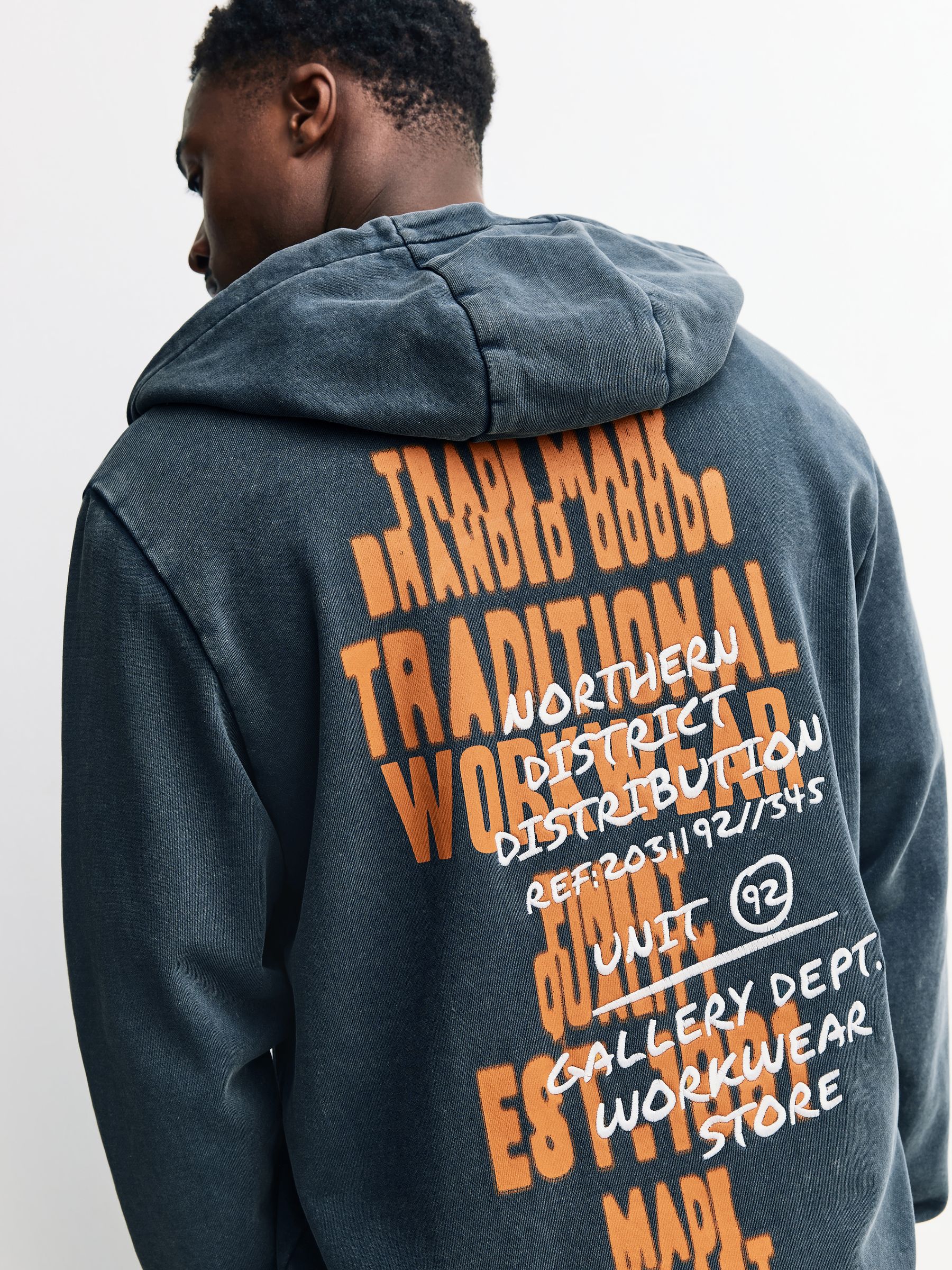 Buy Charcoal Grey Washed Hooded Zip Through with Graphic Print