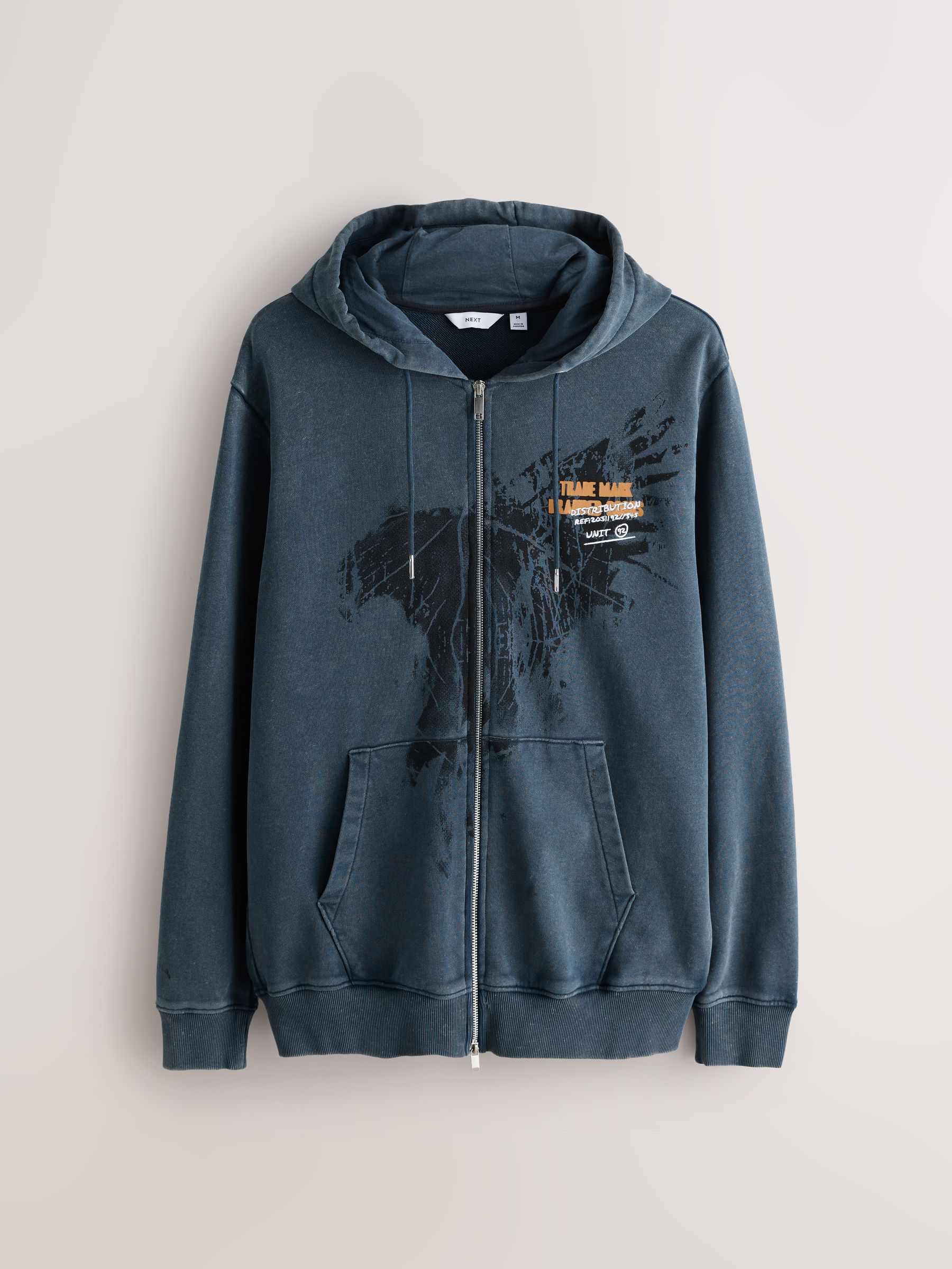 Buy Charcoal Grey Washed Hooded Zip Through with Graphic Print