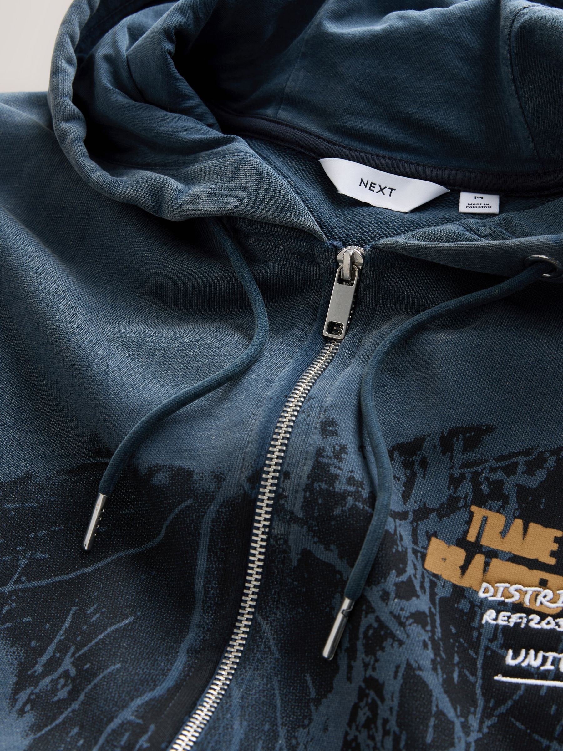 Buy Charcoal Grey Washed Hooded Zip Through with Graphic Print