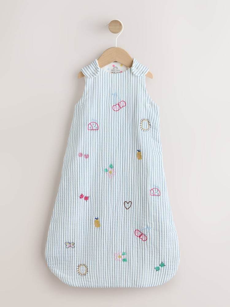 White/Blue Embroidered Muslin 1 Tog Sleeveless Baby Sleep Bag - Image 1 of 7
