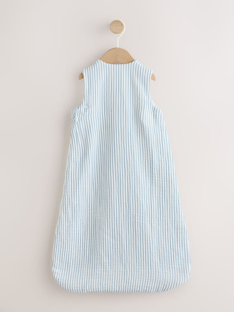 White/Blue Embroidered Muslin 1 Tog Sleeveless Baby Sleep Bag - Image 2 of 7