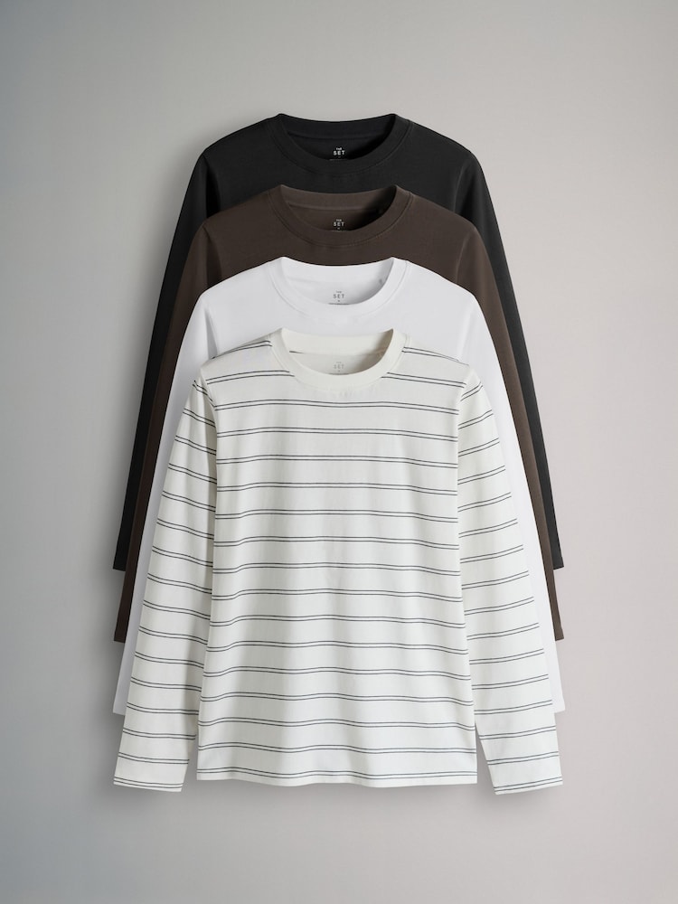 The Set Black/Chocolate Brown/Stripe/White 4 Pack Slim Fit 100% Cotton Long Sleeve T-Shirts - Image 1 of 6