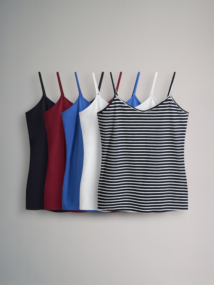 The Set 5 Pack Thin Strap Vest Tops Navy/Red/White/Blue/Stripe - Image 1 of 6 The Set 5 Pack Thin Strap Vest Tops Navy/Red/White/Blue/Stripe - Image 1 of 6
