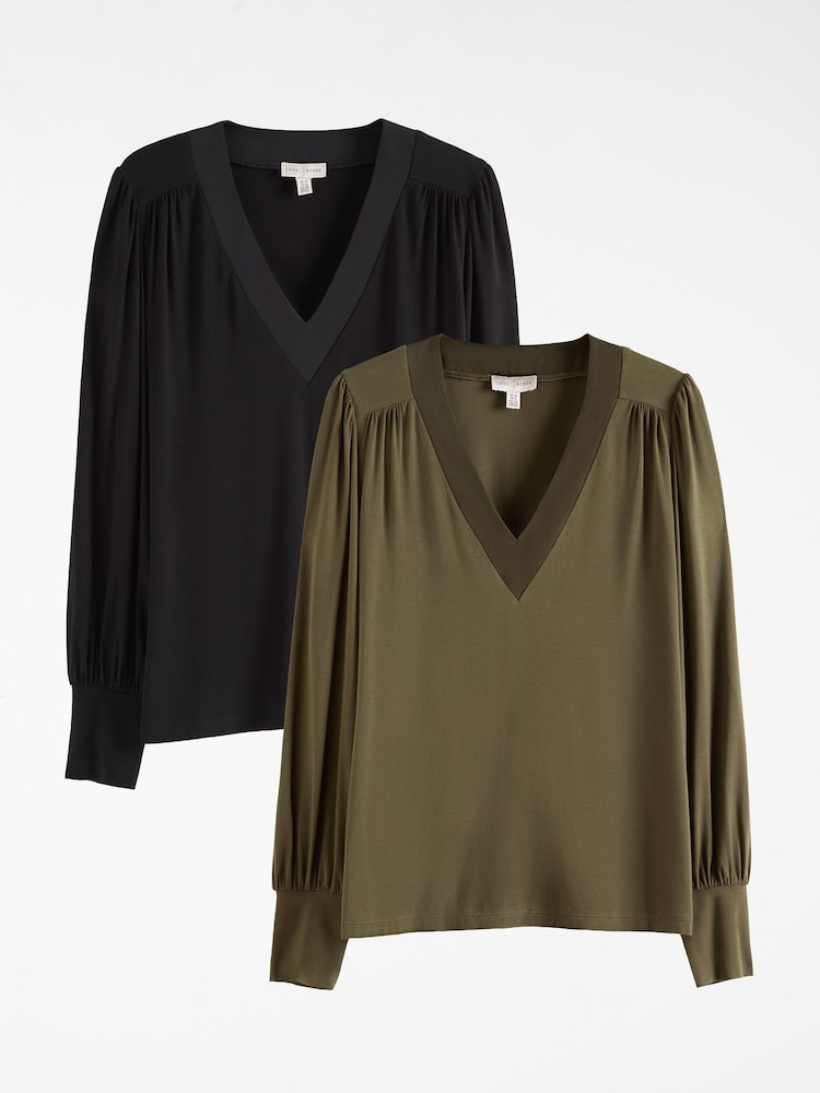 Black and Khaki - Love & Roses V-Neck Chiffon Mix Jersey Tops 2 Pack - Imagem 1 de 6