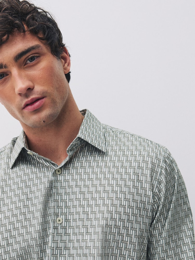Sage Green Geometric Print Regular Fit Long Sleeve Shirt - Image 1 of 8 Sage Green Geometric Print Regular Fit Long Sleeve Shirt - Image 1 of 8