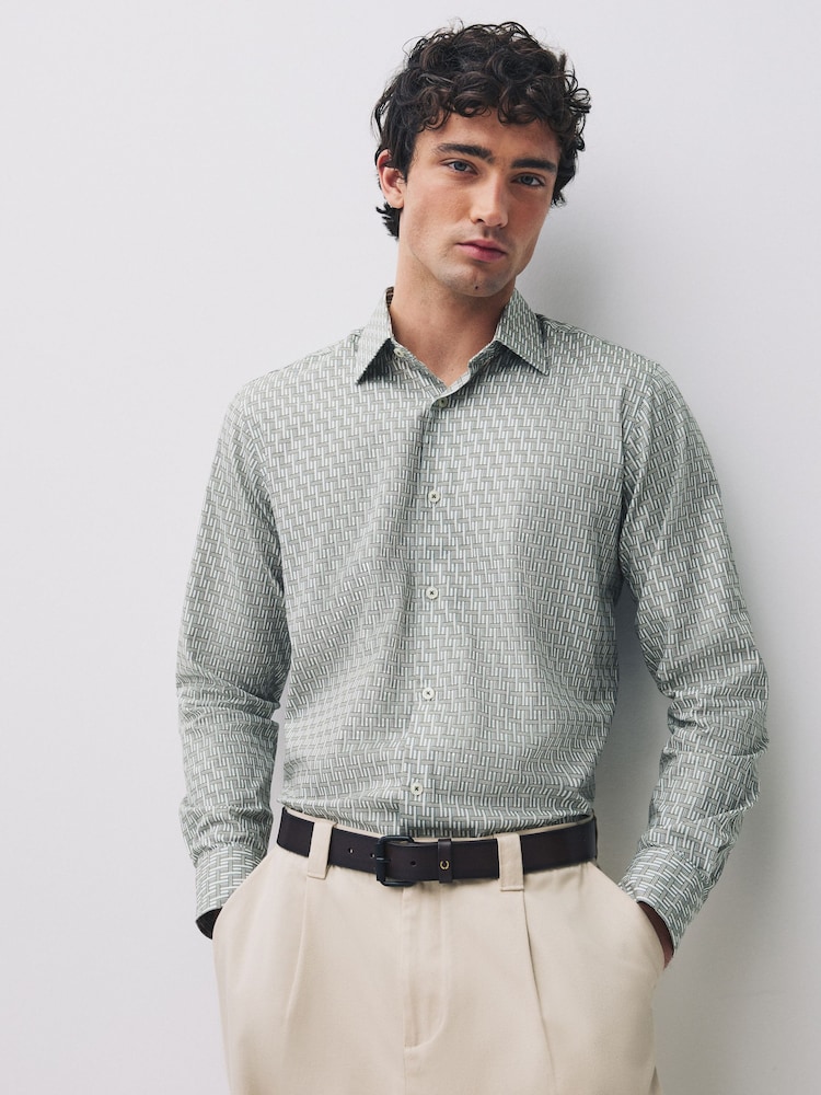 Sage Green Geometric Print Regular Fit Long Sleeve Shirt - Image 2 of 8 Sage Green Geometric Print Regular Fit Long Sleeve Shirt - Image 2 of 8