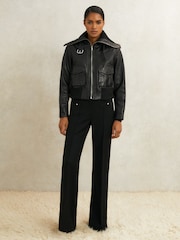 Reiss Black Cici Atelier Leather Rib-Trim Jacket - Image 3 of 9