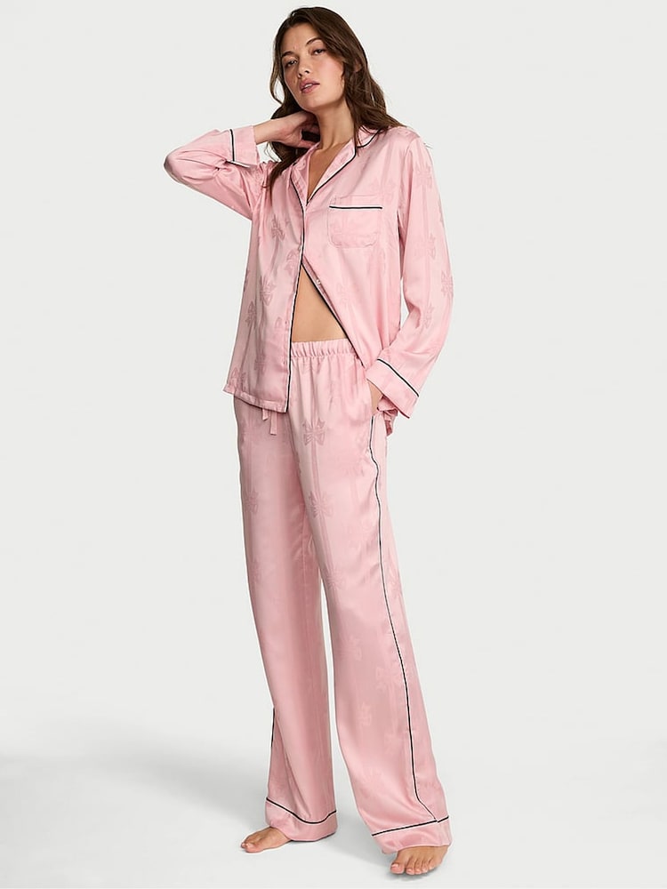 Victoria's Secret Dusk Pink Bow Satin Long Pyjamas Set - Image 1 of 2 Victoria's Secret Dusk Pink Bow Satin Long Pyjamas Set - Image 1 of 2
