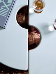 MADE.COM Blue Gloss and Oak Plinth Round Set of 2 Coffee Tables - Image 3 of 7