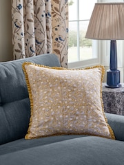 Ochre Yellow 50 X 50cm Woodblock Floral Cushion - Image 1 of 3