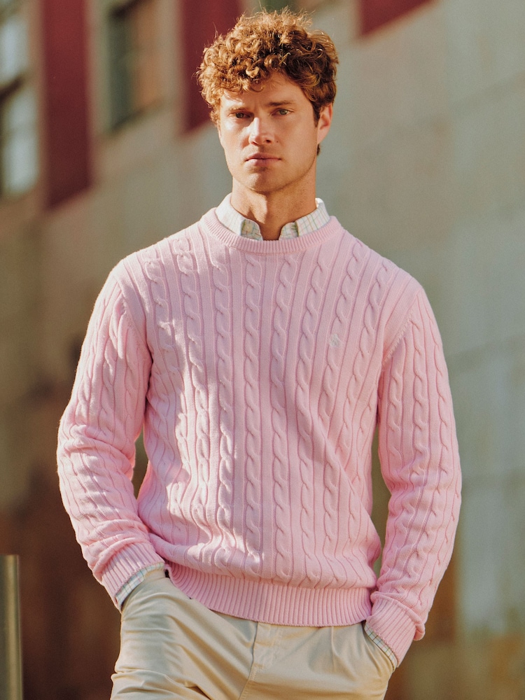 Joules Pink Crew Neck Cotton Cable Knit Jumper - Image 1 of 10
