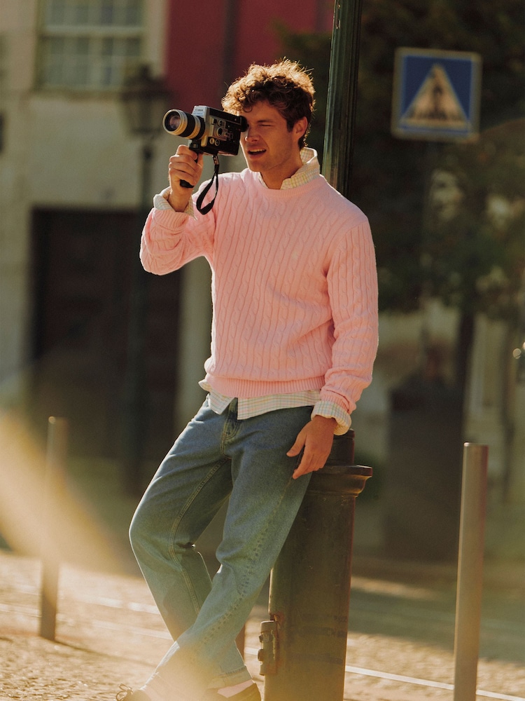 Joules Pink Crew Neck Cotton Cable Knit Jumper - Image 2 of 10