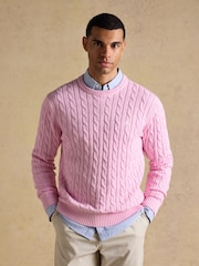 Joules Pink Crew Neck Cotton Cable Knit Jumper - Image 3 of 10