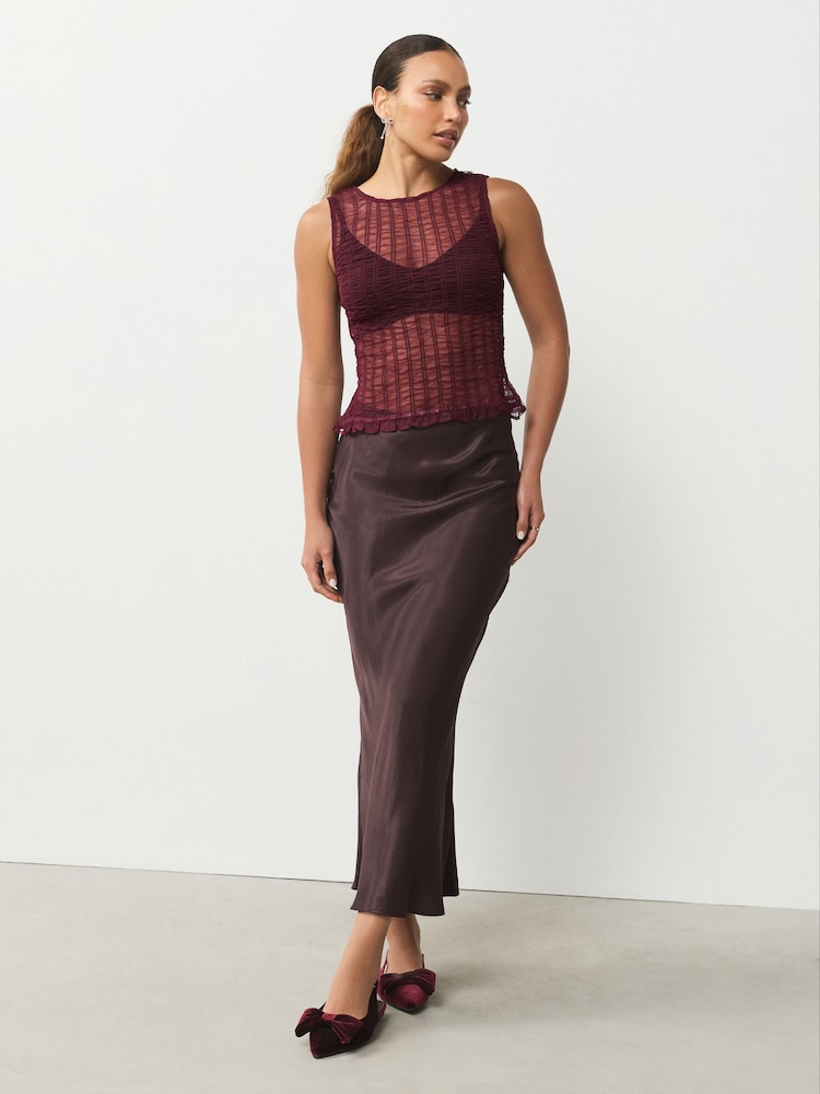 Burgundy Red Shirred Mesh Sleeveless Crew Neck Top - Image 2 of 8