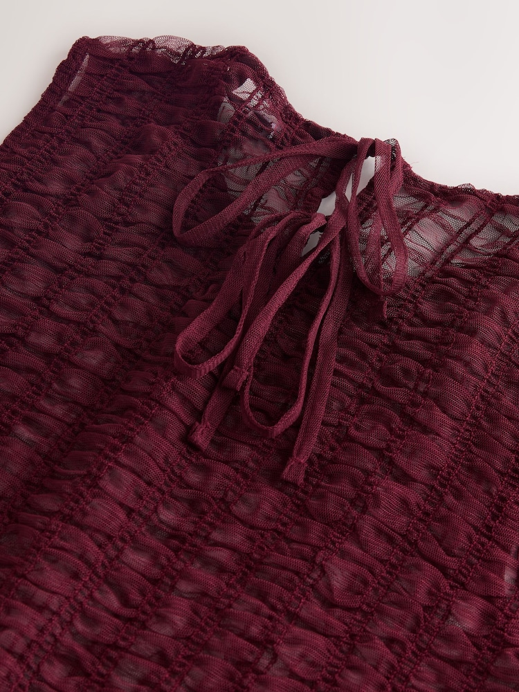 Burgundy Red Shirred Mesh Sleeveless Crew Neck Top - Image 8 of 8