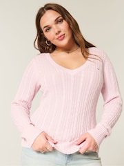 Hollister Logo Cable Knit V-Neck Jumper - Image 1 of 3