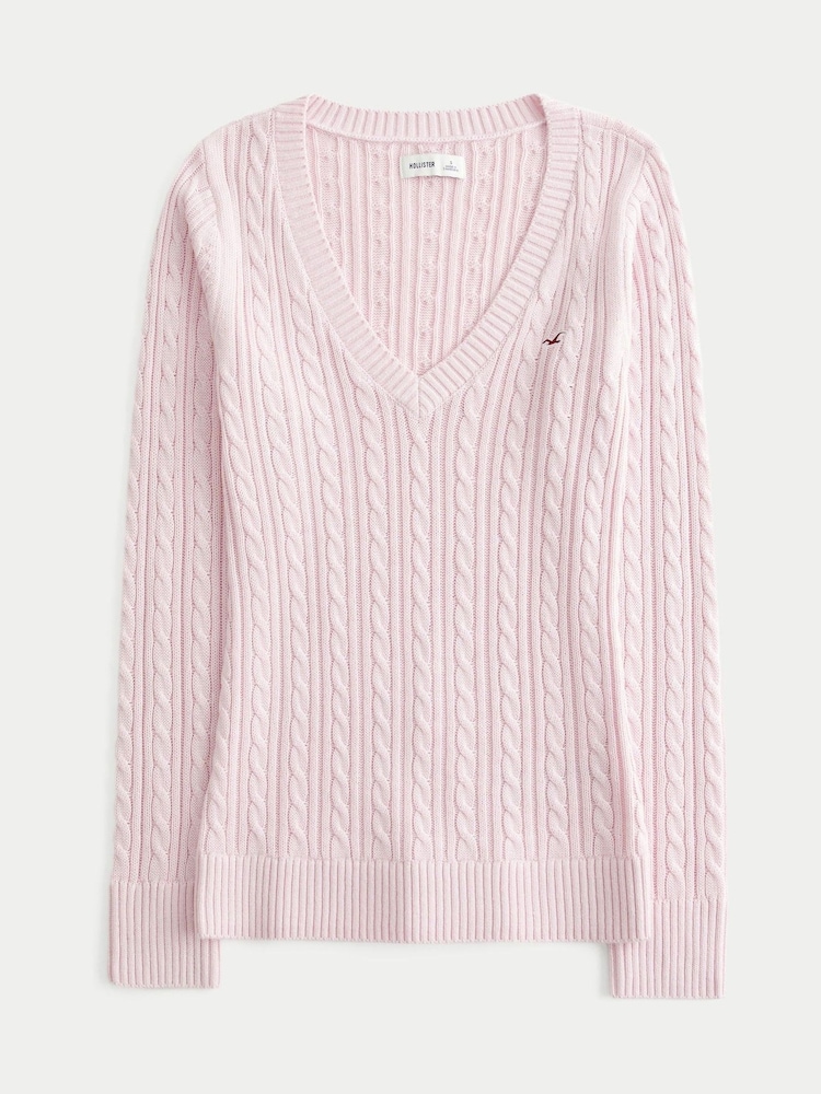 Hollister Logo Cable Knit V-Neck Jumper - Image 3 of 3