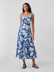 Gap Blue Floral Linen Blend Square Neck Midi Dress - Image 1 of 5