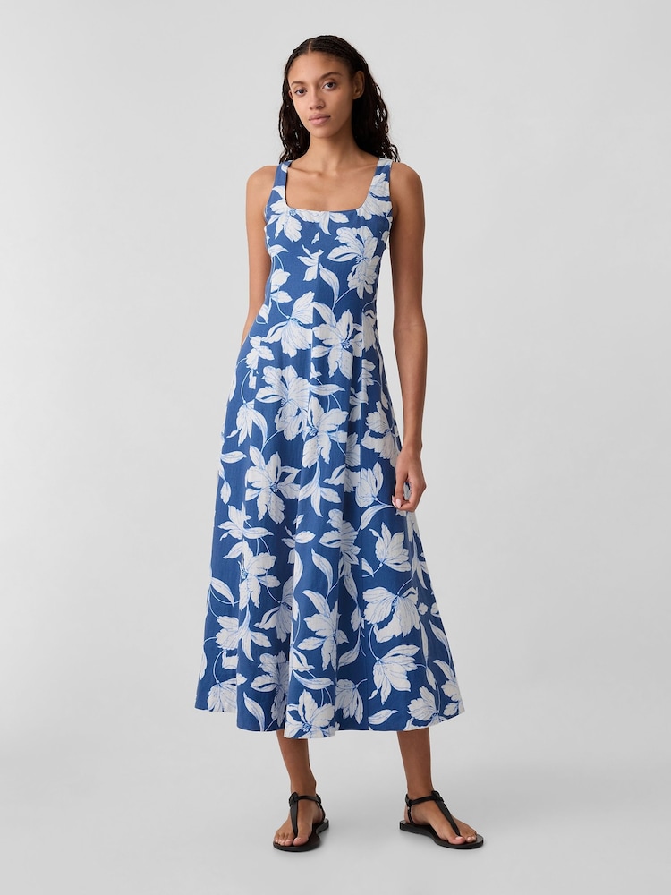 Gap Blue Floral Linen Blend Square Neck Midi Dress - Image 1 of 5